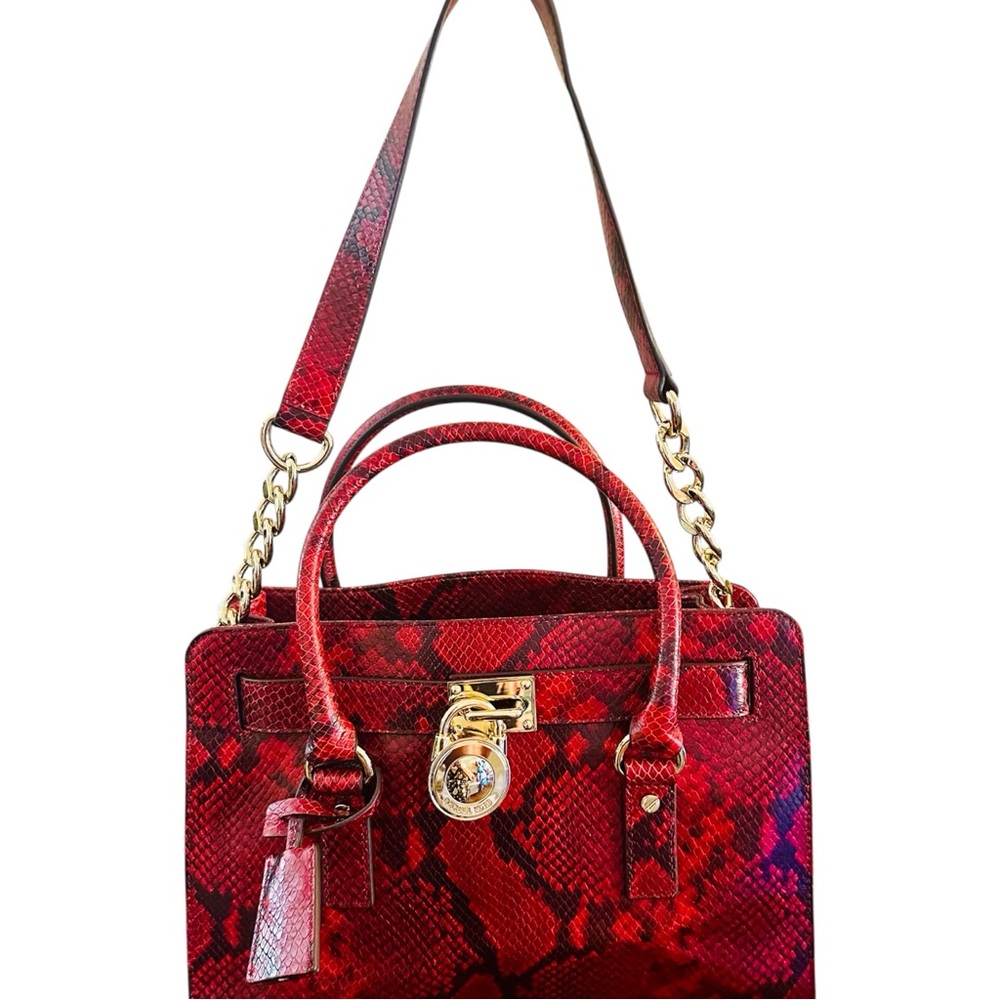 Michael Kors Hamilton Red Snake Print Embossed Handbag Iconic MK‎ Gold Hardware - Picture 2 of 16